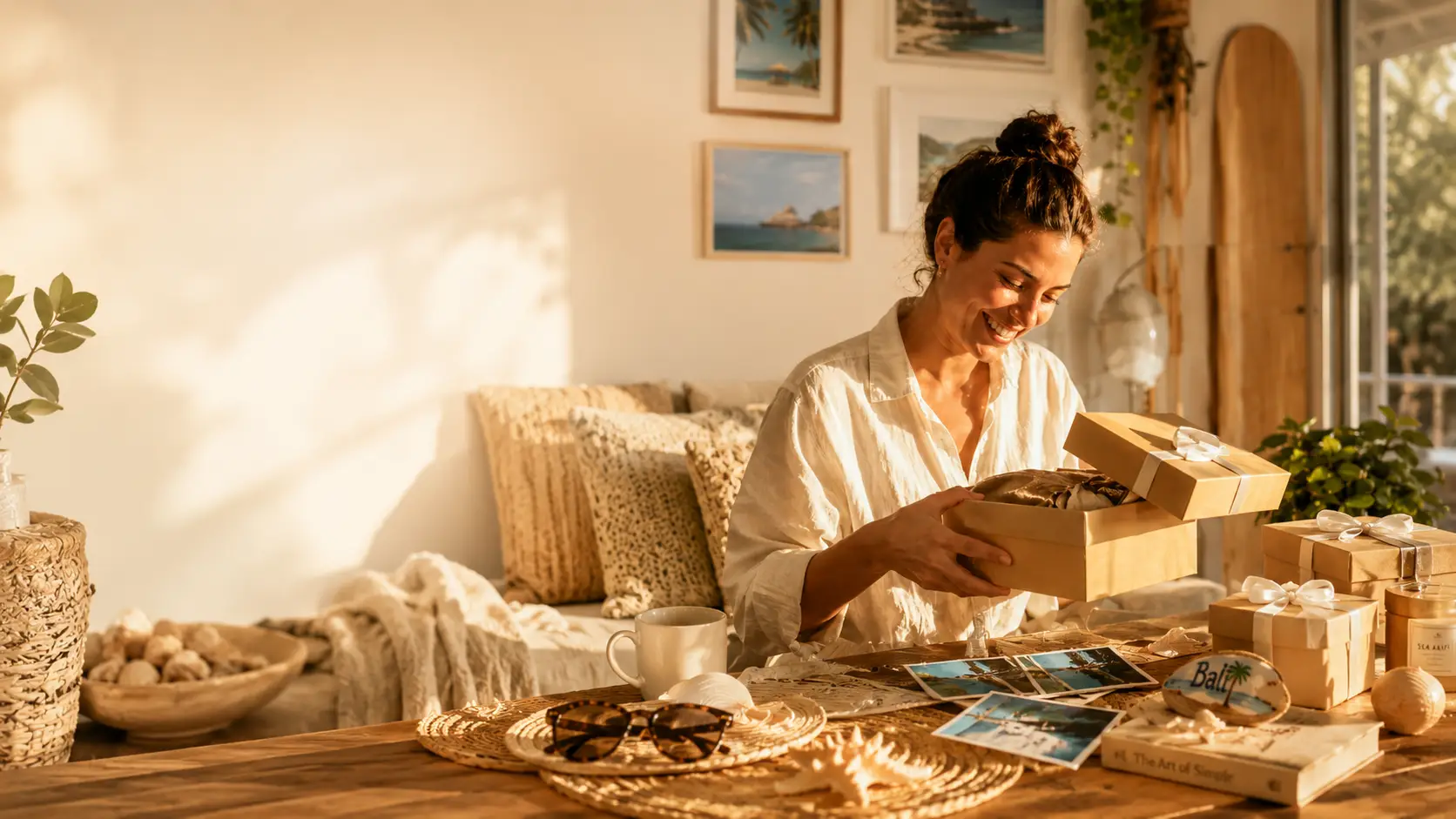Femme souriante ouvrant des cadeaux et des photos souvenirs pour se remonter le moral après les vacances