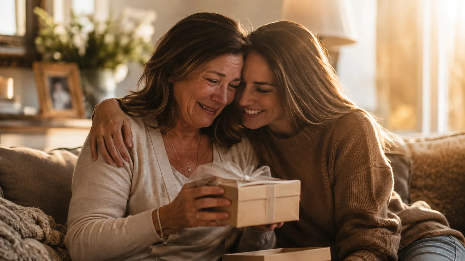 Maman émue serrant sa fille dans ses bras après avoir reçu son cadeau pour ses 50 ans