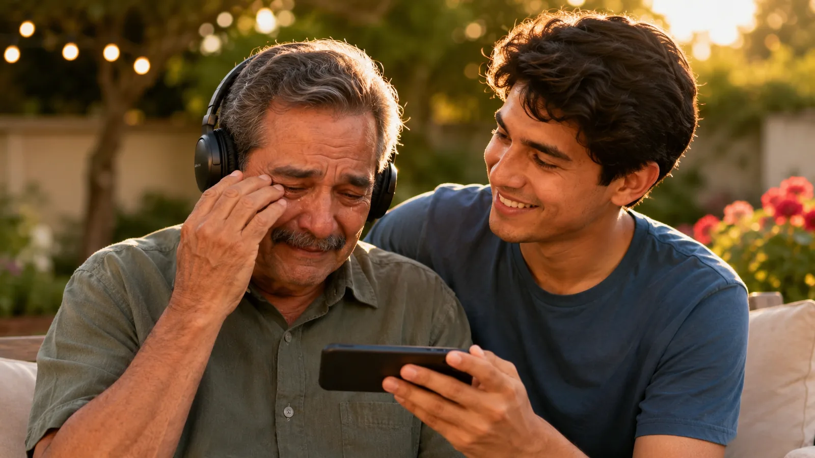 Père ému aux larmes écoutant au casque la chanson personnalisée offerte par son fils