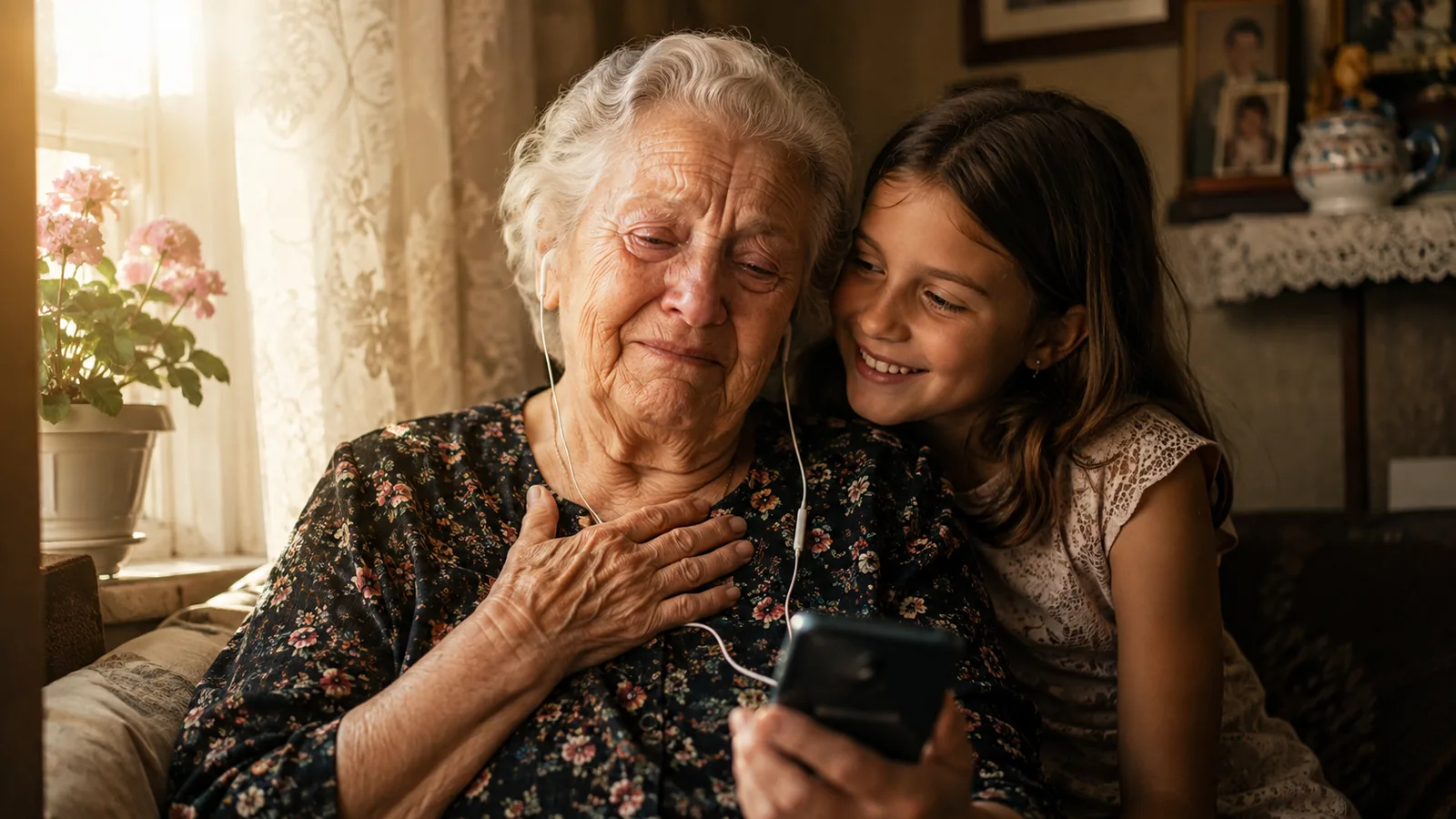 Grand-mère émue écoutant sur un téléphone la chanson personnalisée offerte par sa petite-fille