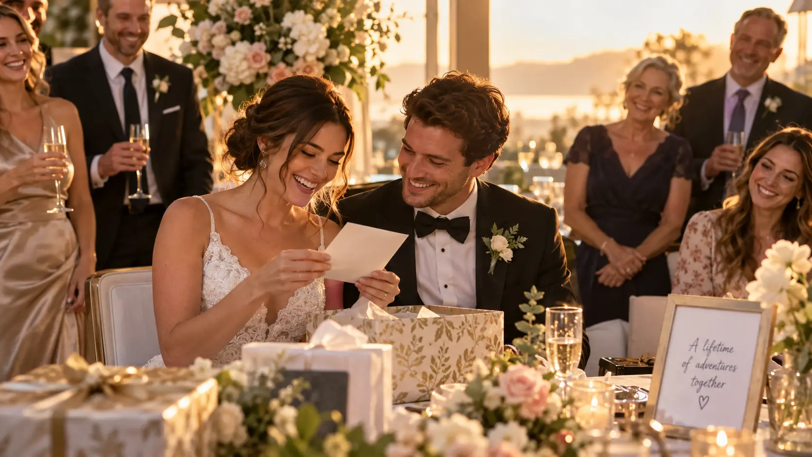 Mariés émus lisant un message devant leurs invités lors de la réception de mariage