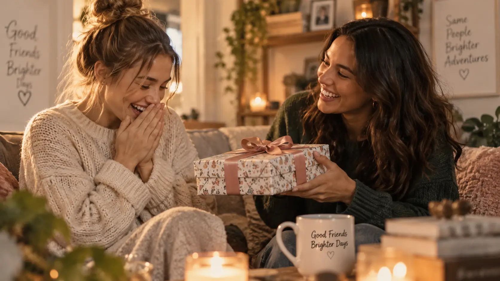 Meilleure amie surprise et émue en recevant un cadeau original de son amie