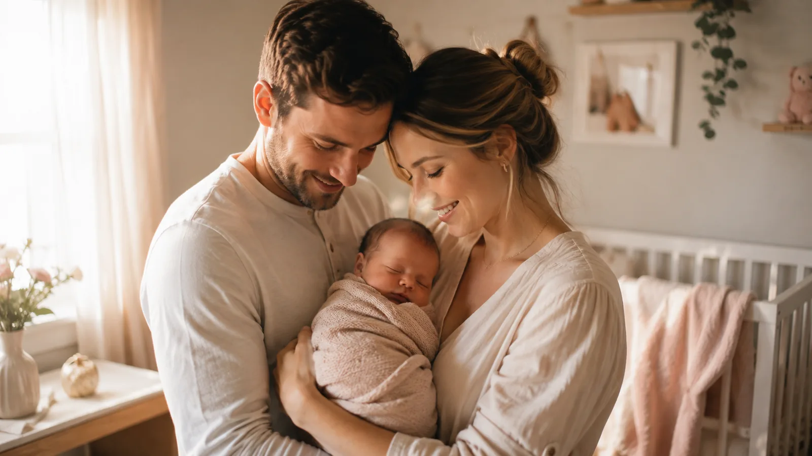 Jeunes parents tendrement enlacés tenant leur nouveau-né dans la chambre de bébé