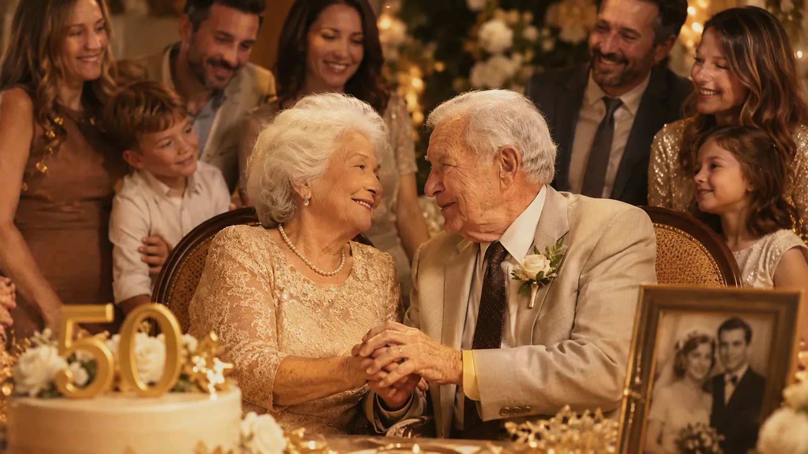 Couple âgé fêtant ses noces d'or entouré de sa famille avec un gâteau 50 ans