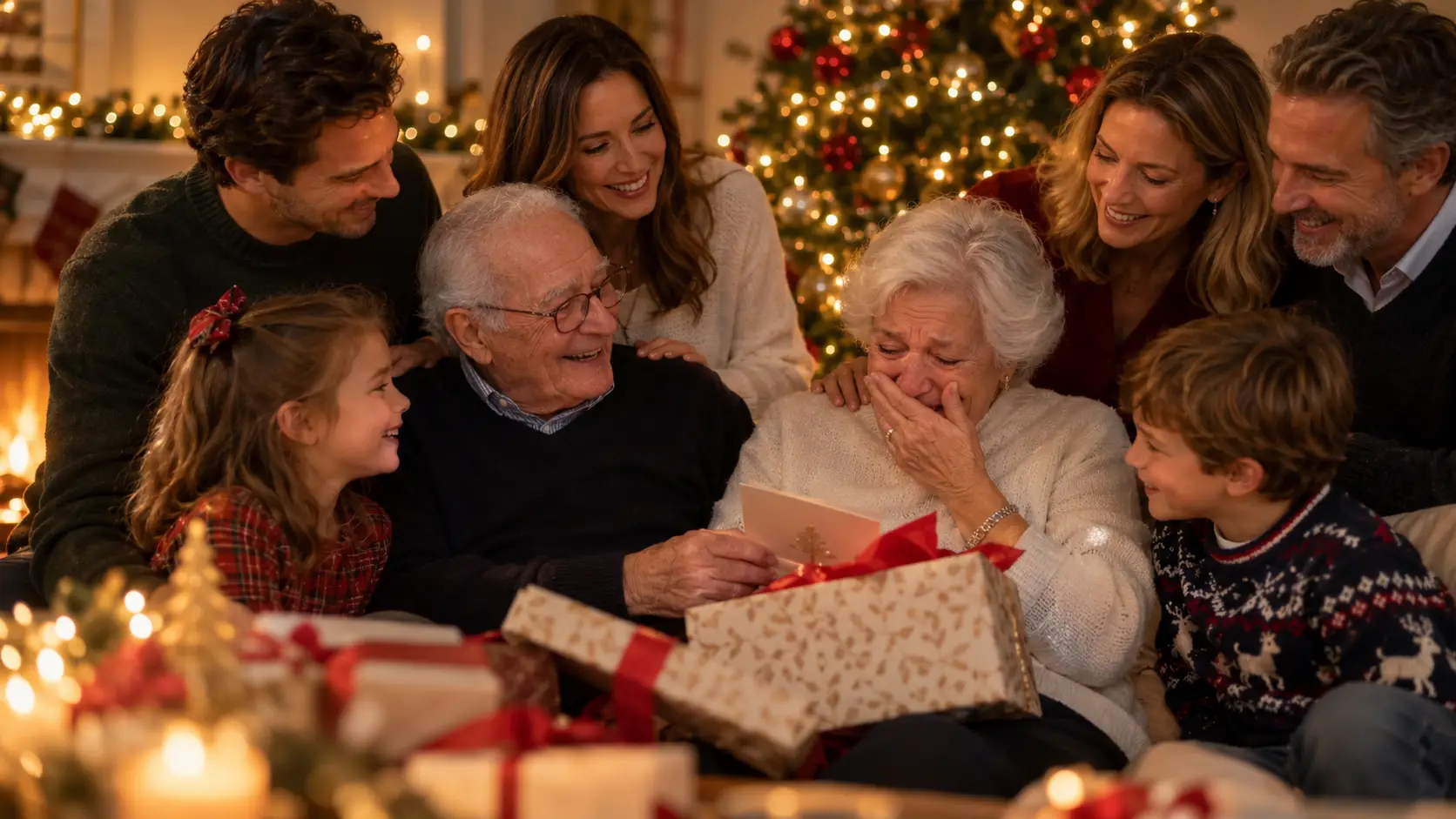 Grands-parents émus ouvrant leur cadeau de Noël entourés de leurs enfants et petits-enfants