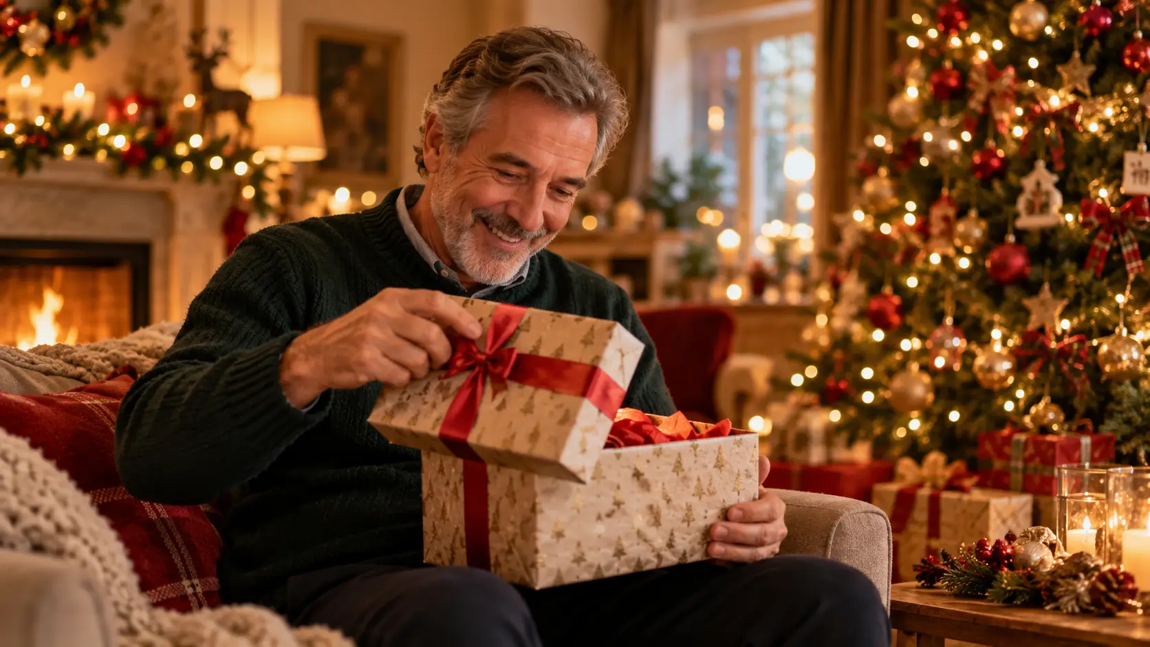 Papa découvrant avec émotion un cadeau de Noël original au pied du sapin