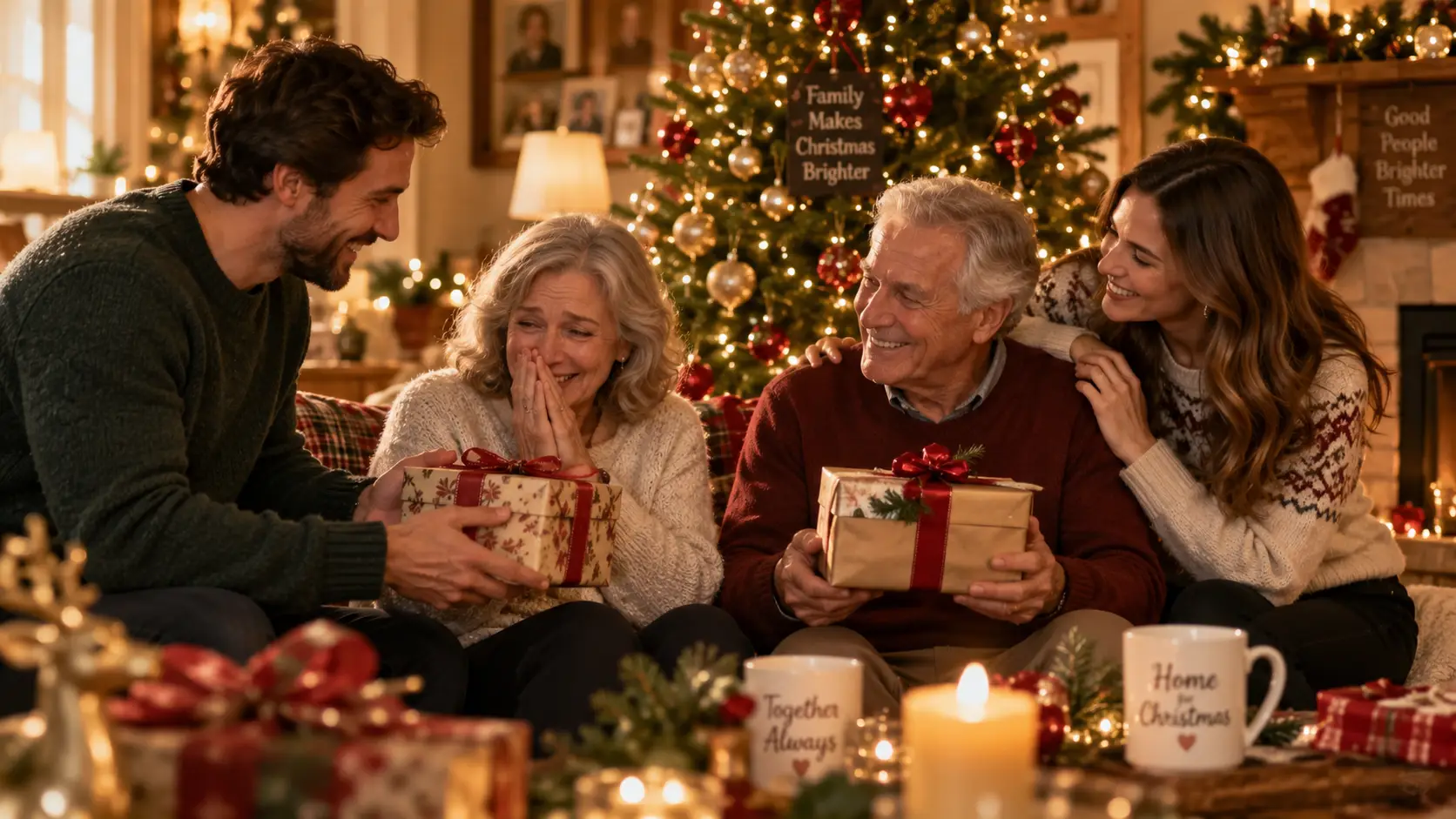 Parents ouvrant leurs cadeaux de Noël en famille au pied du sapin