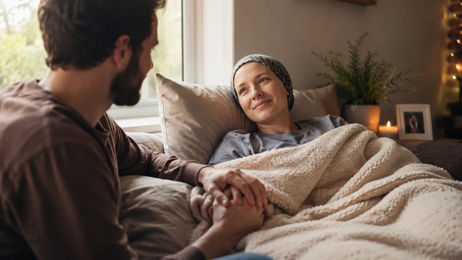 Homme tenant la main d'une proche malade alitée qui sourit pour lui remonter le moral