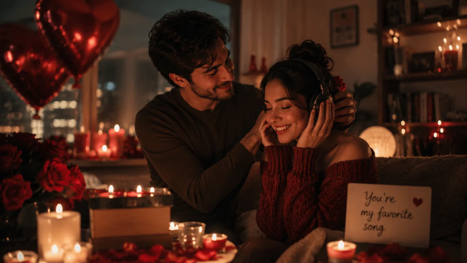 Femme émue écoutant au casque une chanson d'amour personnalisée offerte pour la Saint-Valentin