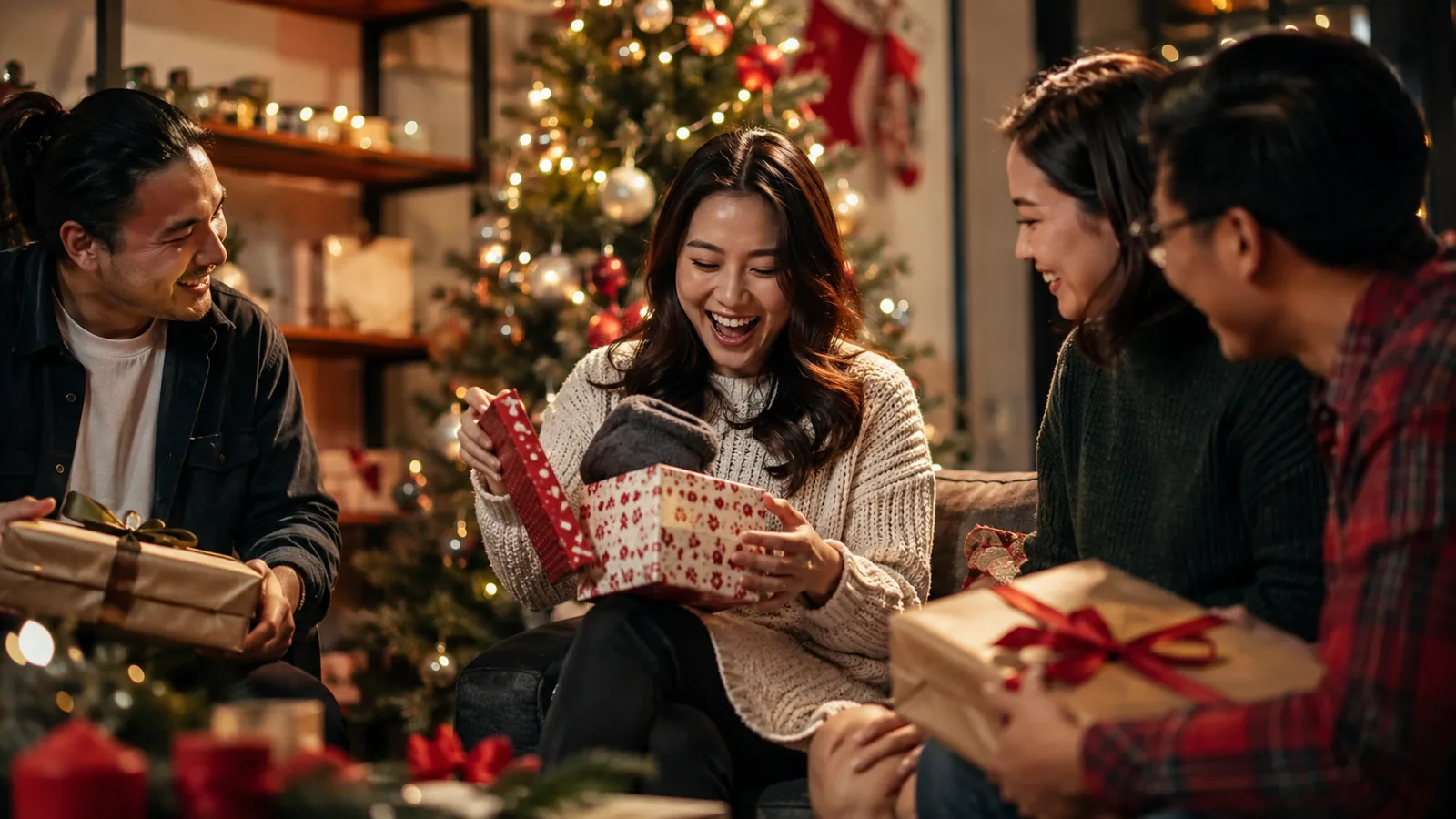 Amis échangeant leurs cadeaux Secret Santa devant le sapin de Noël