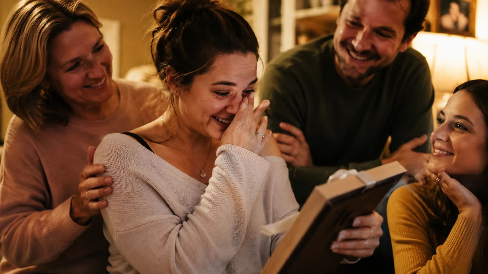 Femme pleurant de joie en découvrant un cadeau émouvant entourée de ses proches