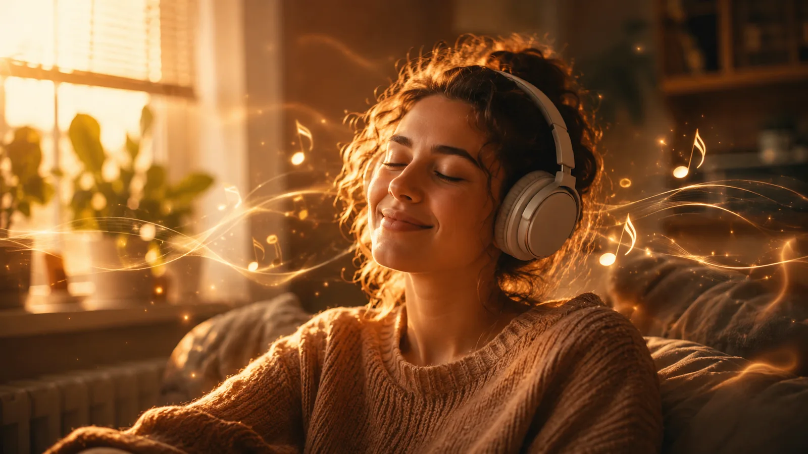Femme écoutant au casque une chanson personnalisée créée avec l'intelligence artificielle