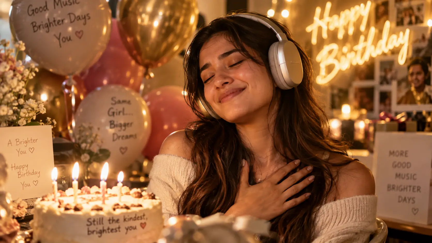 Femme émue écoutant sa chanson personnalisée d'anniversaire devant son gâteau
