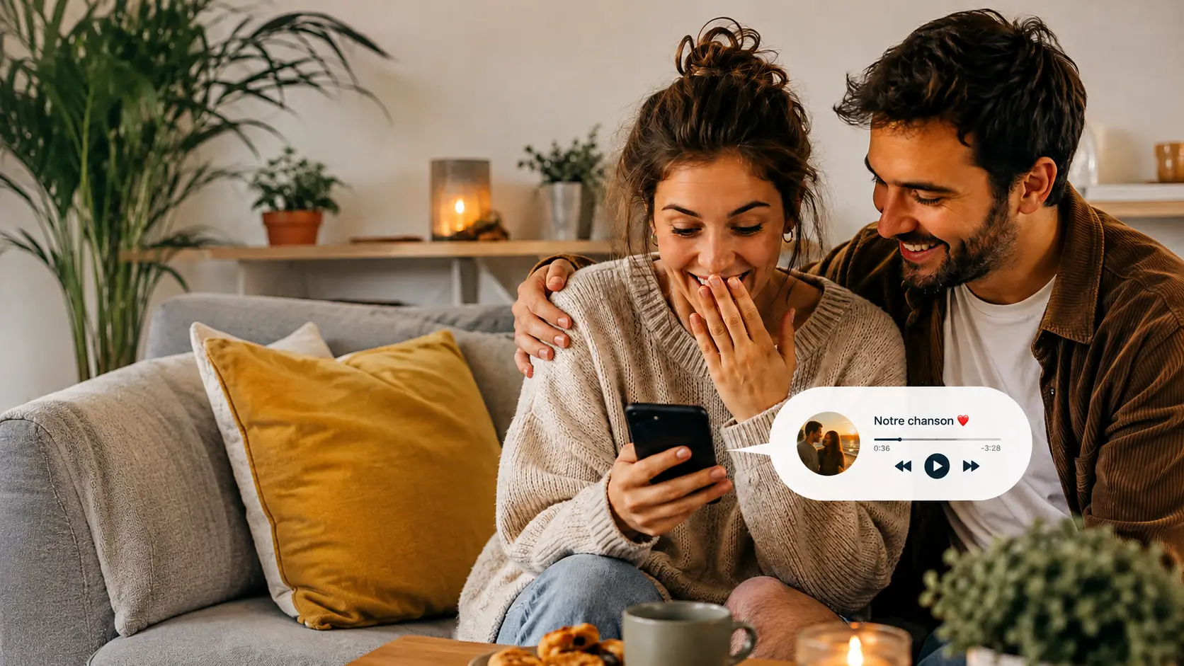 Couple découvrant avec émotion leur chanson personnalisée sur un smartphone