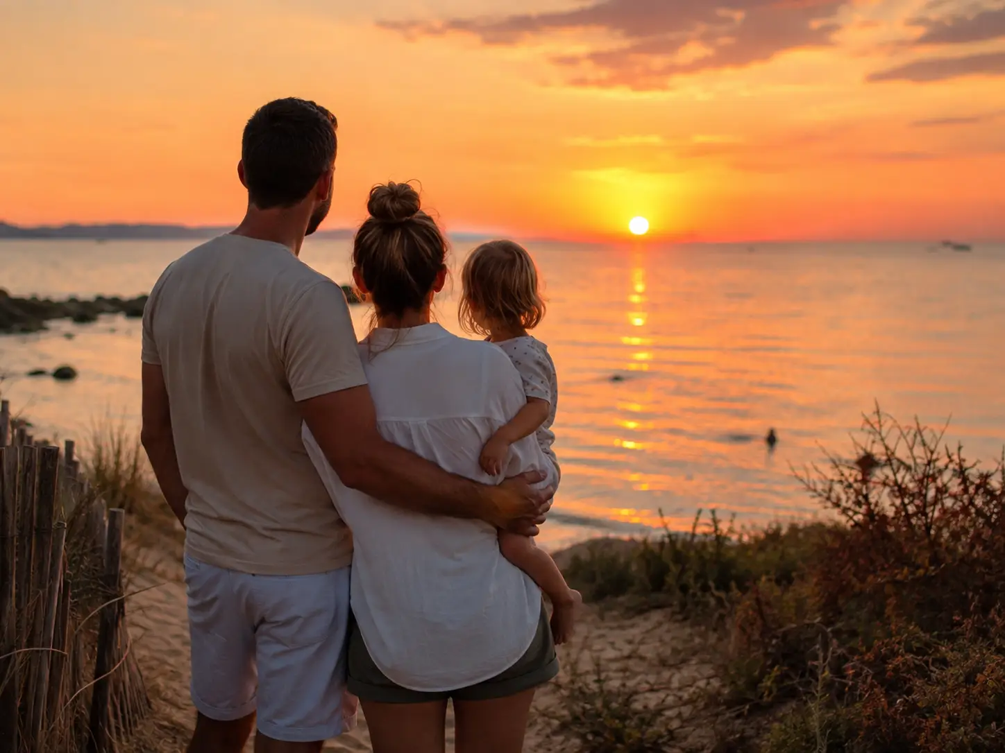 Famille admirant un coucher de soleil sur la mer à la fin des vacances