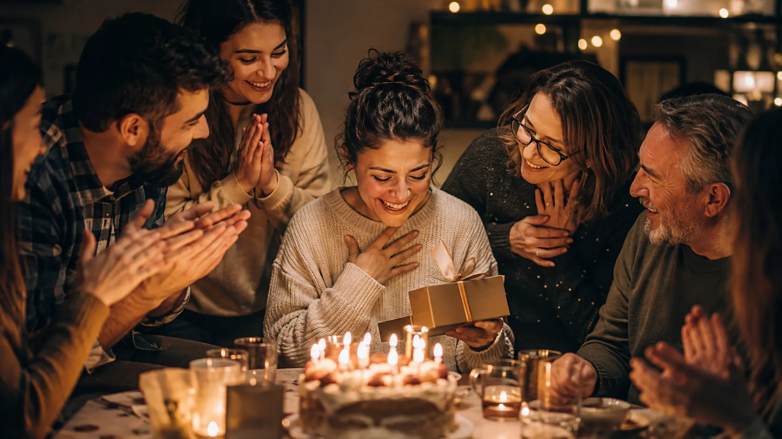 Femme émue découvrant son cadeau d'anniversaire original entourée de ses amis