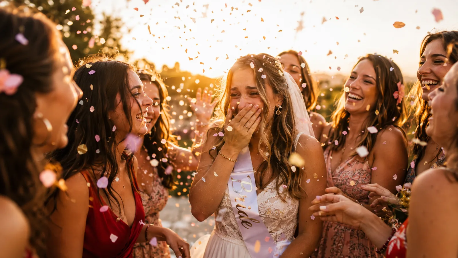 Future mariée émue et ses amies sous les confettis pendant son EVJF