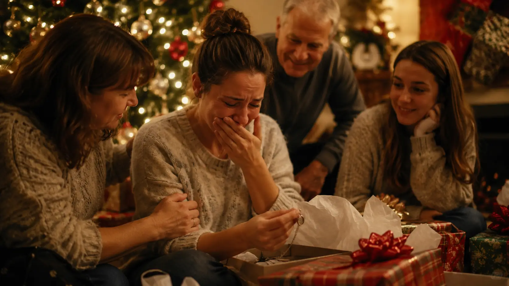 Femme pleurant de joie en ouvrant un cadeau de Noël original en famille