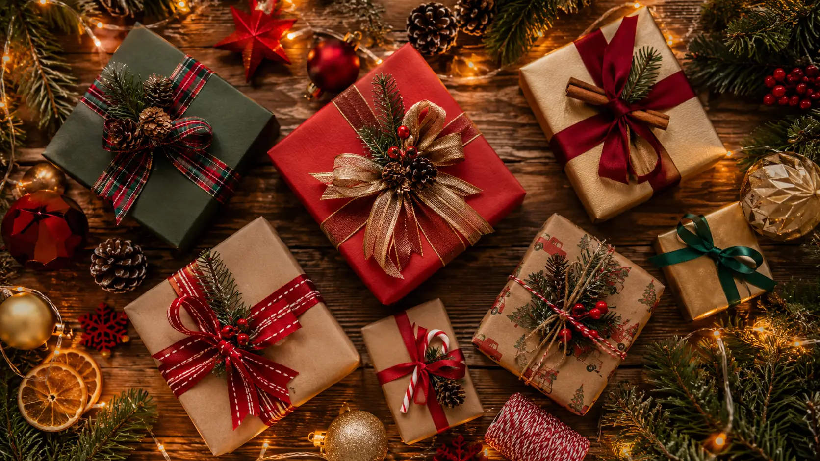 Cadeaux de Noël emballés en papier kraft et rubans rouges sur une table en bois