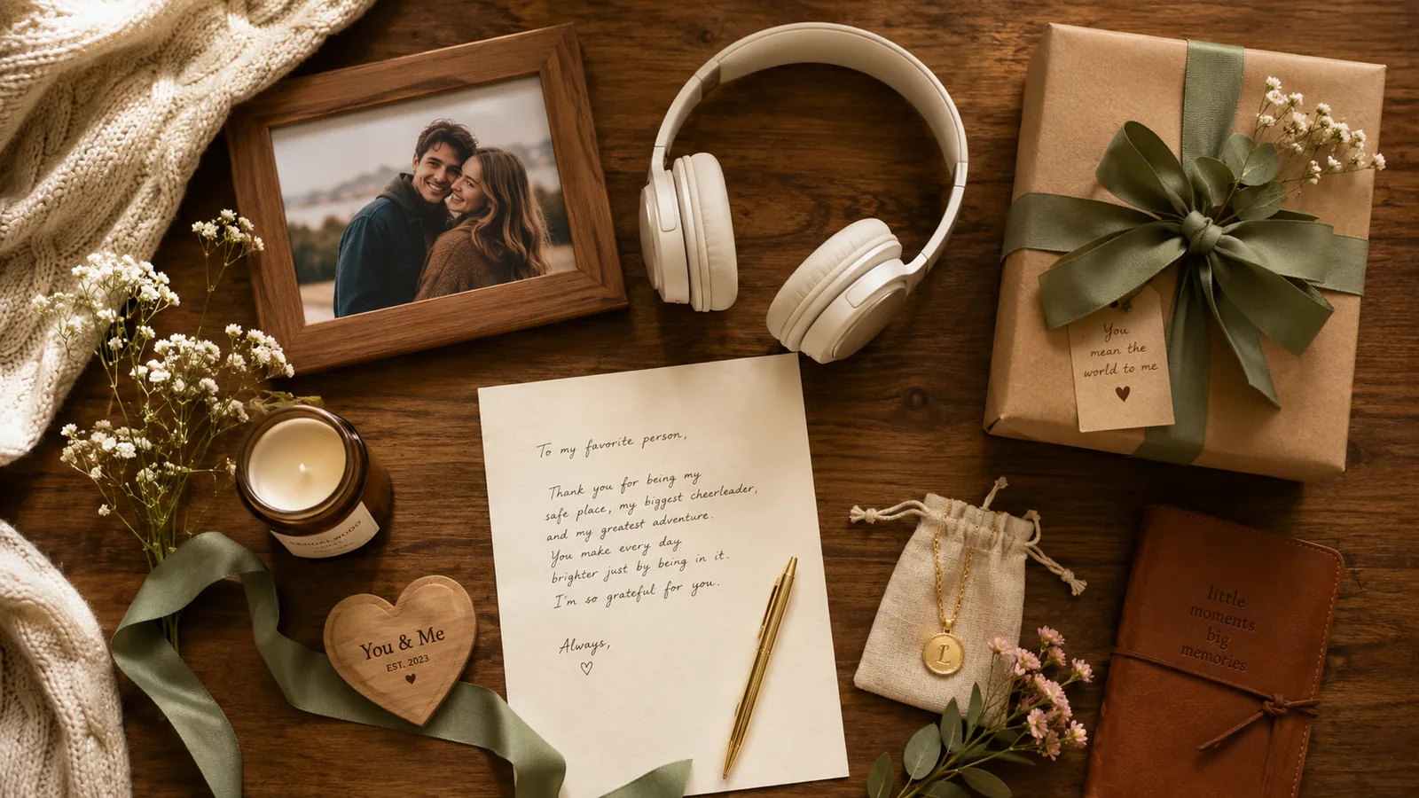 Idées de cadeaux personnalisés : cadre photo, casque audio, lettre manuscrite et paquet cadeau