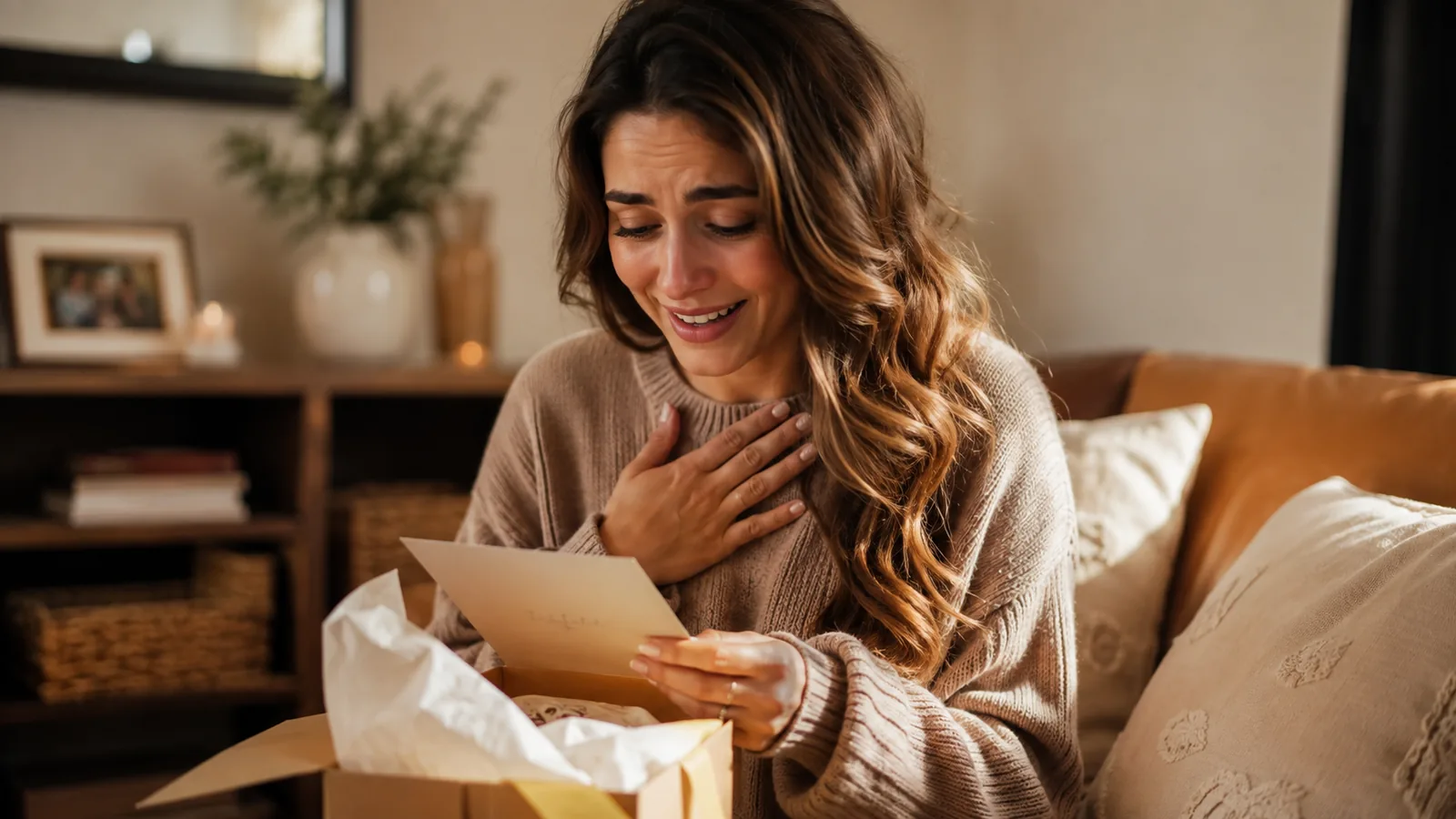 Femme émue lisant une lettre dans un cadeau original pour quelqu'un qui a déjà tout