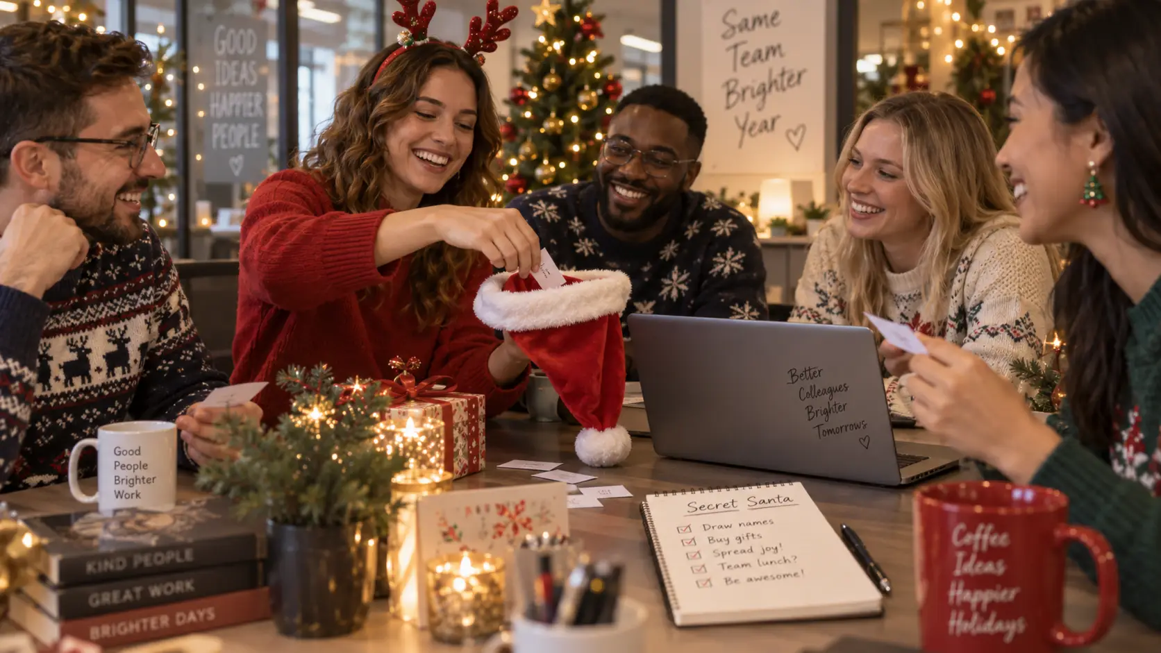 Collègues de bureau échangeant leurs cadeaux lors d'un Secret Santa au travail