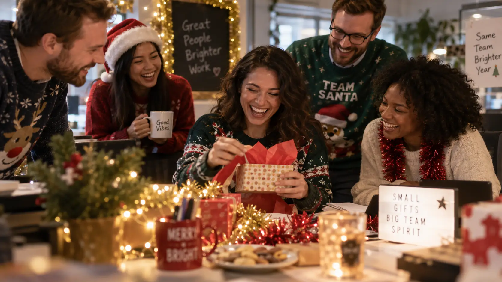 Collègues riant en ouvrant leurs cadeaux Secret Santa au bureau