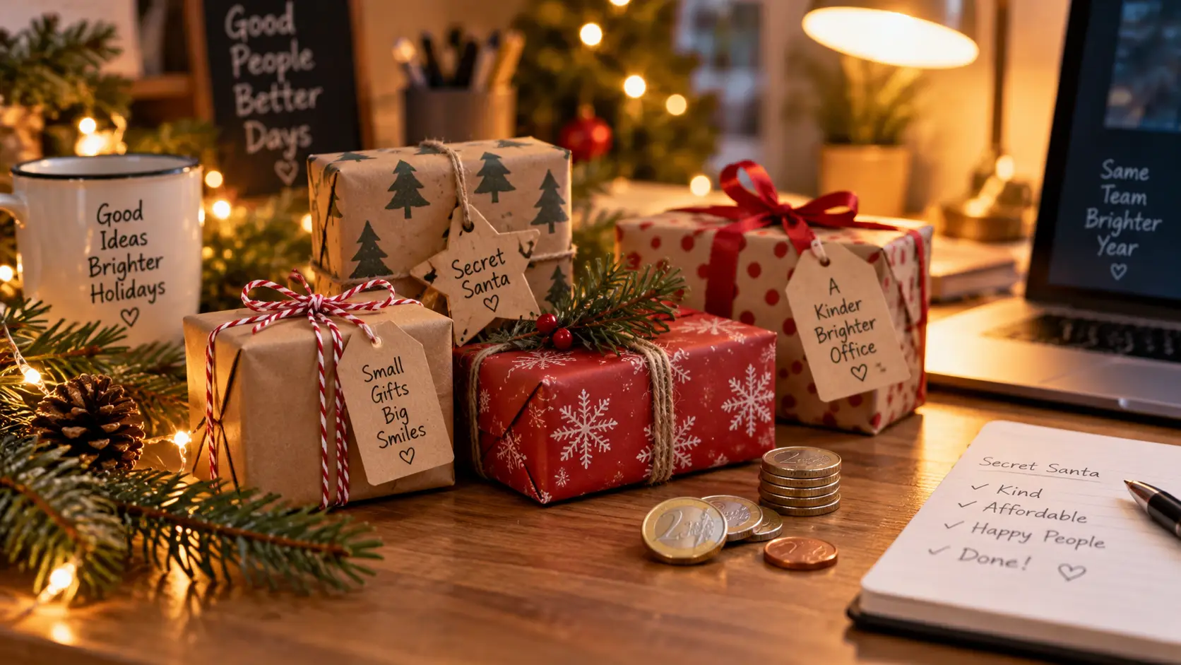 Petits cadeaux Secret Santa à petit budget emballés avec des étiquettes sur un bureau